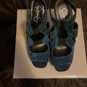Jessica Simpson Navy and Teal Suede Cutout Heels